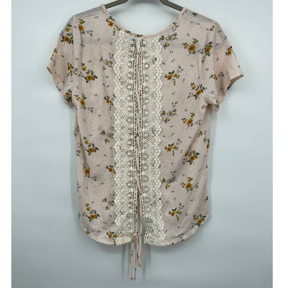 Love J Womens Pink Floral Open Back Lace Detail Tie Shirt Blouse Top NEW Large - Picture 1 of 12